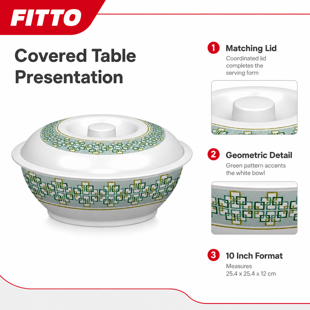 96 Pieces Lidded Serving Bowl, 10 Inch, White and Green Geometric Pattern