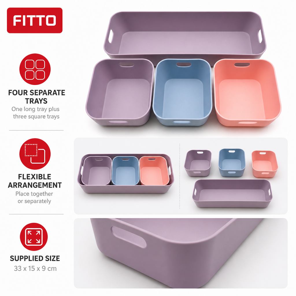 120 Pieces Cosmetic Organizers Tray Set, 4-Piece Mixed Colour Makeup Storage Trays, Long Tray With Three Square Trays