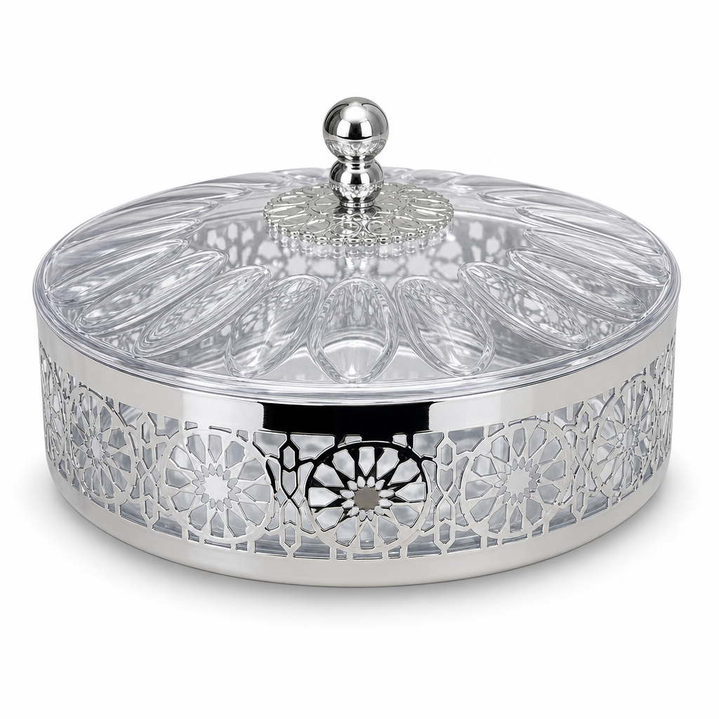 72 Pieces Clear Round Sectioned Serving Bowl with Lid and Silver Floral Metal Frame, 34 x 34 x 24 cm
