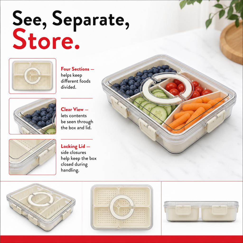 96 Pieces Clear 4-Compartment Food Storage Box with Locking Lid, 29 × 22 × 6.8 cm