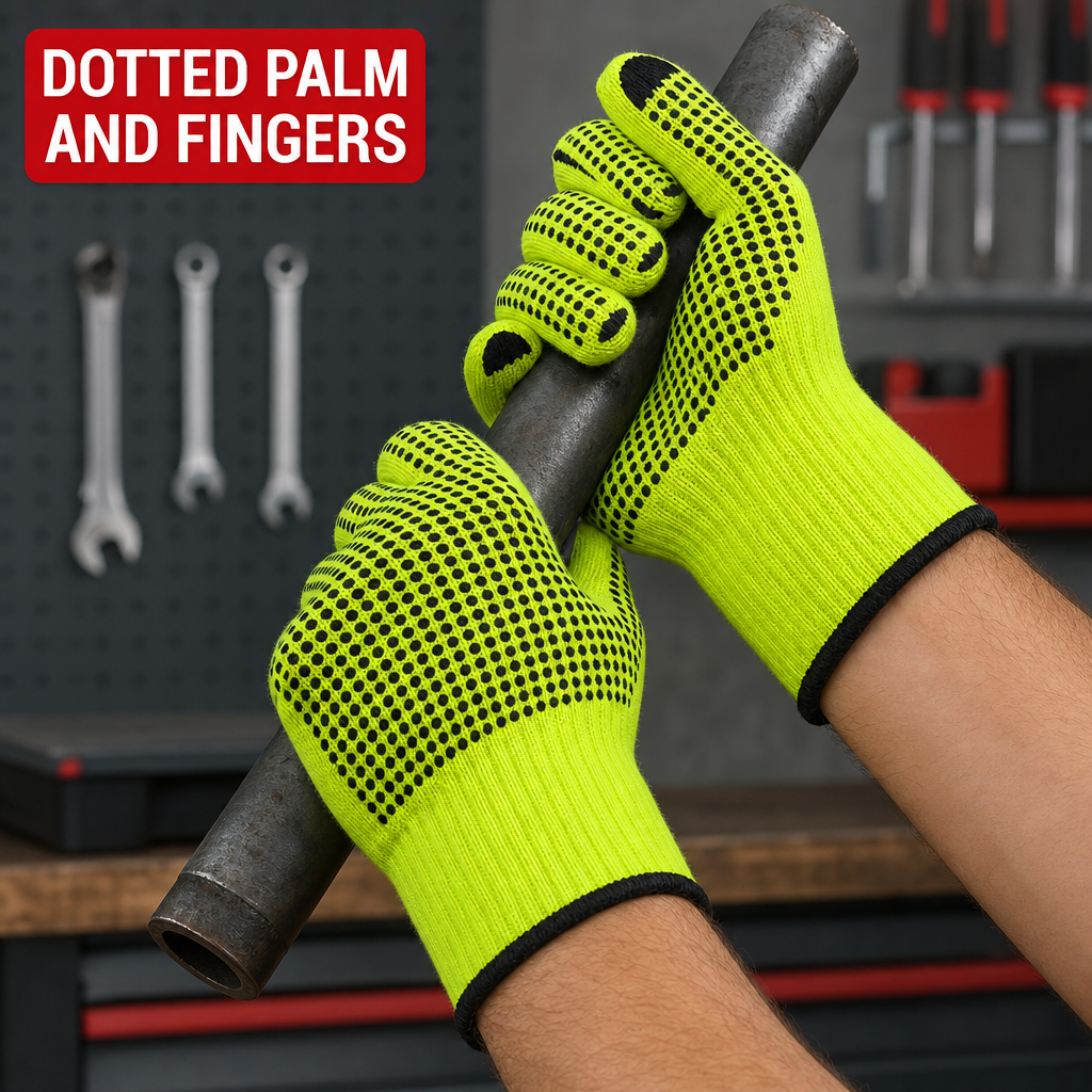 72 Pieces Knitted Work Gloveses with Grip Dots, 24 cm, Neon Green and Black, 1 Pair