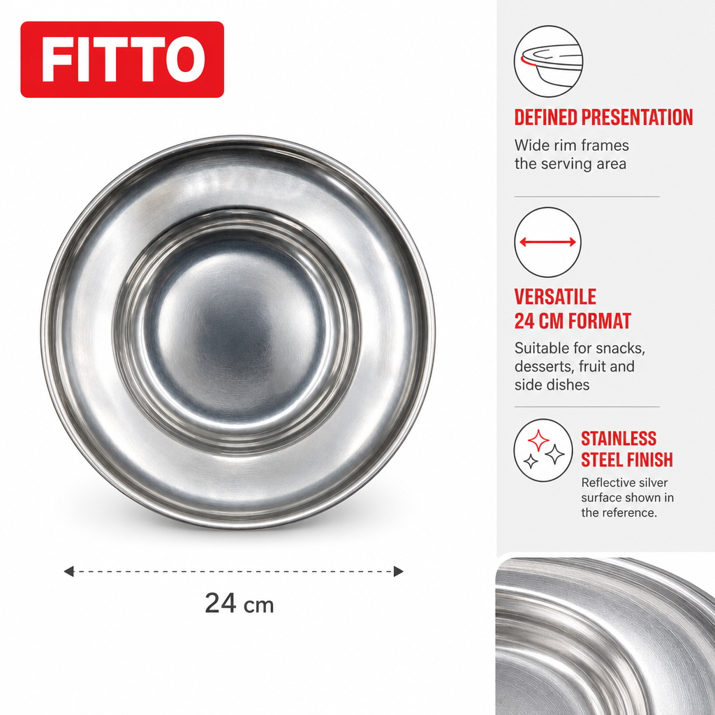 120 Pieces Stainless Steel Round Serving Plate with Wide Rim, 24 cm, 1 Piece
