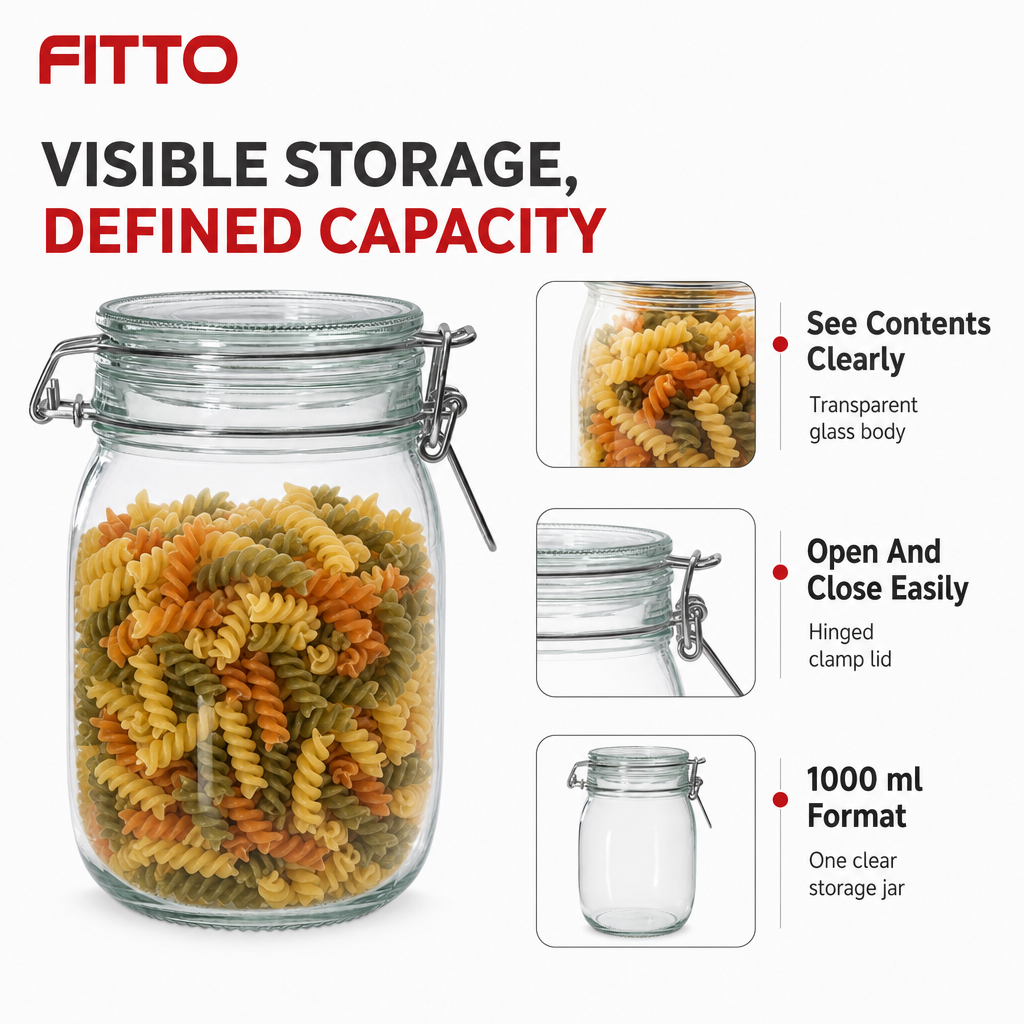 120 Pieces Glass Storage Jar with Clamp Lid, 1000 ml, Clear, 1 Piece
