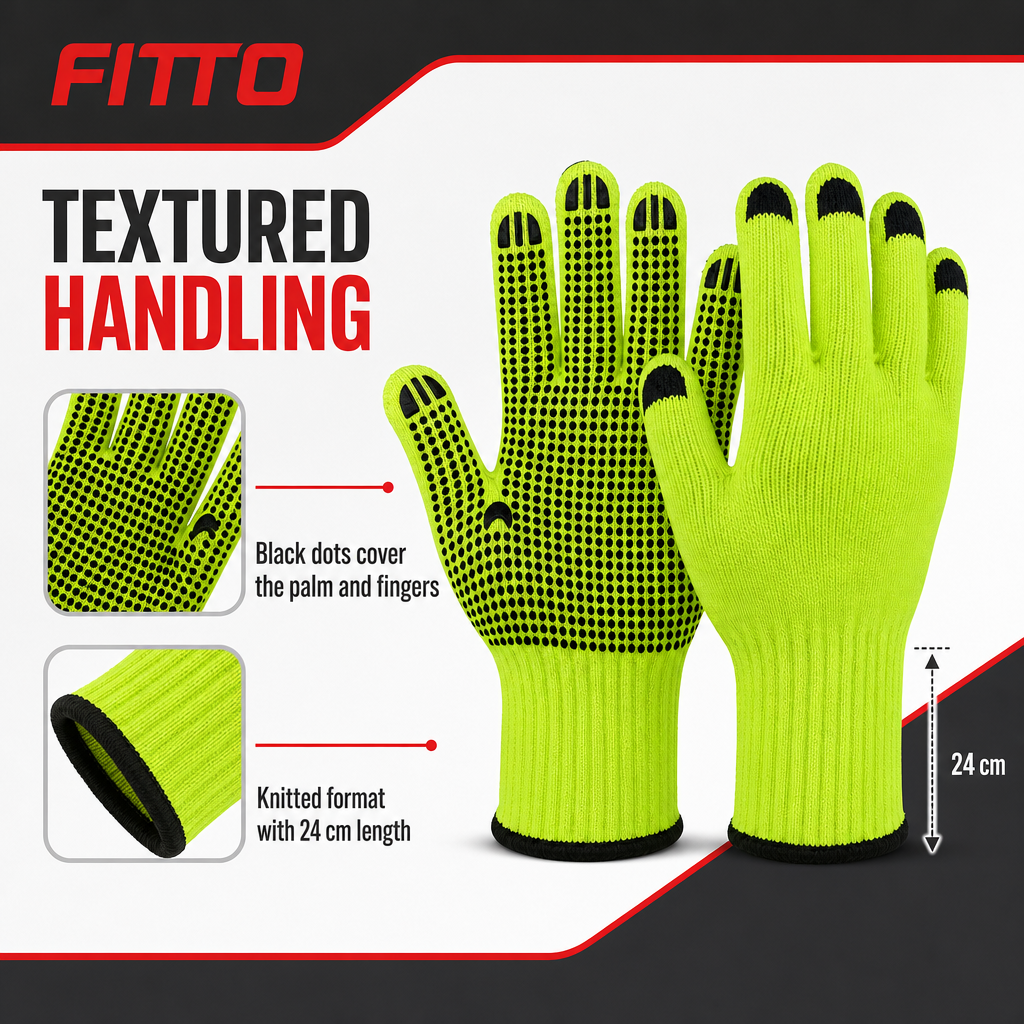 72 Pieces Knitted Work Gloveses with Grip Dots, 24 cm, Neon Green and Black, 1 Pair
