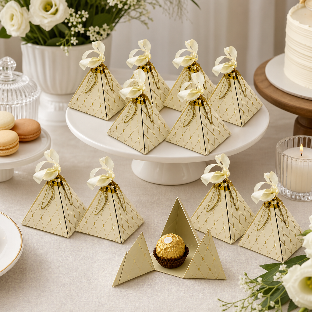 96 Pieces Beige Paper Candy Favor Boxes with Ribbon, Pyramid Shape, 8.7 x 8.7 x 10 cm, 12 Pieces