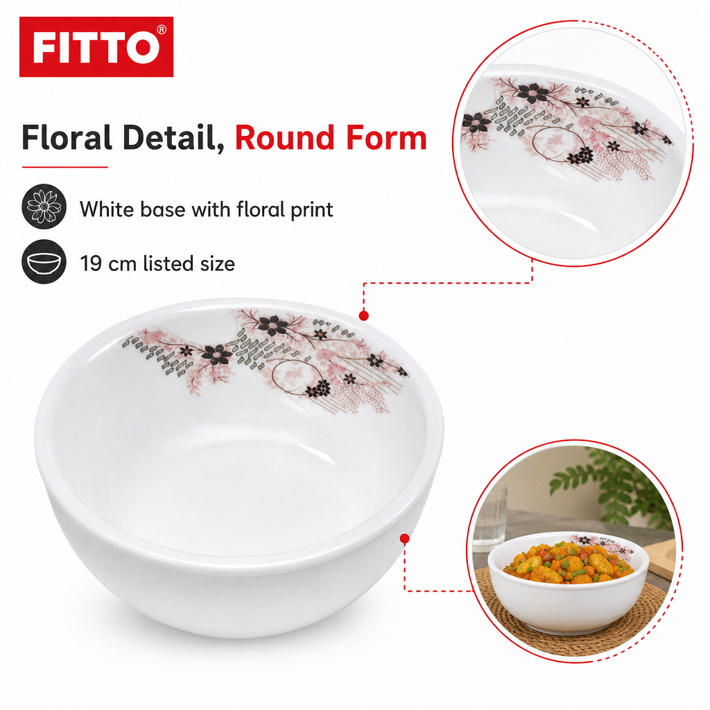144 Pieces White Round Serving Bowl with Floral Print, 19 cm, 1 Piece