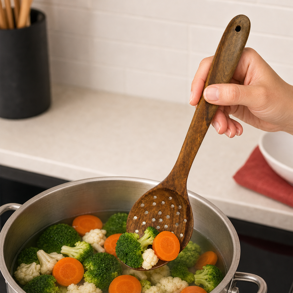120 Pieces Wooden Slotted Cooking Spoon with Round Perforations, 33 cm, Brown, 1 Piece
