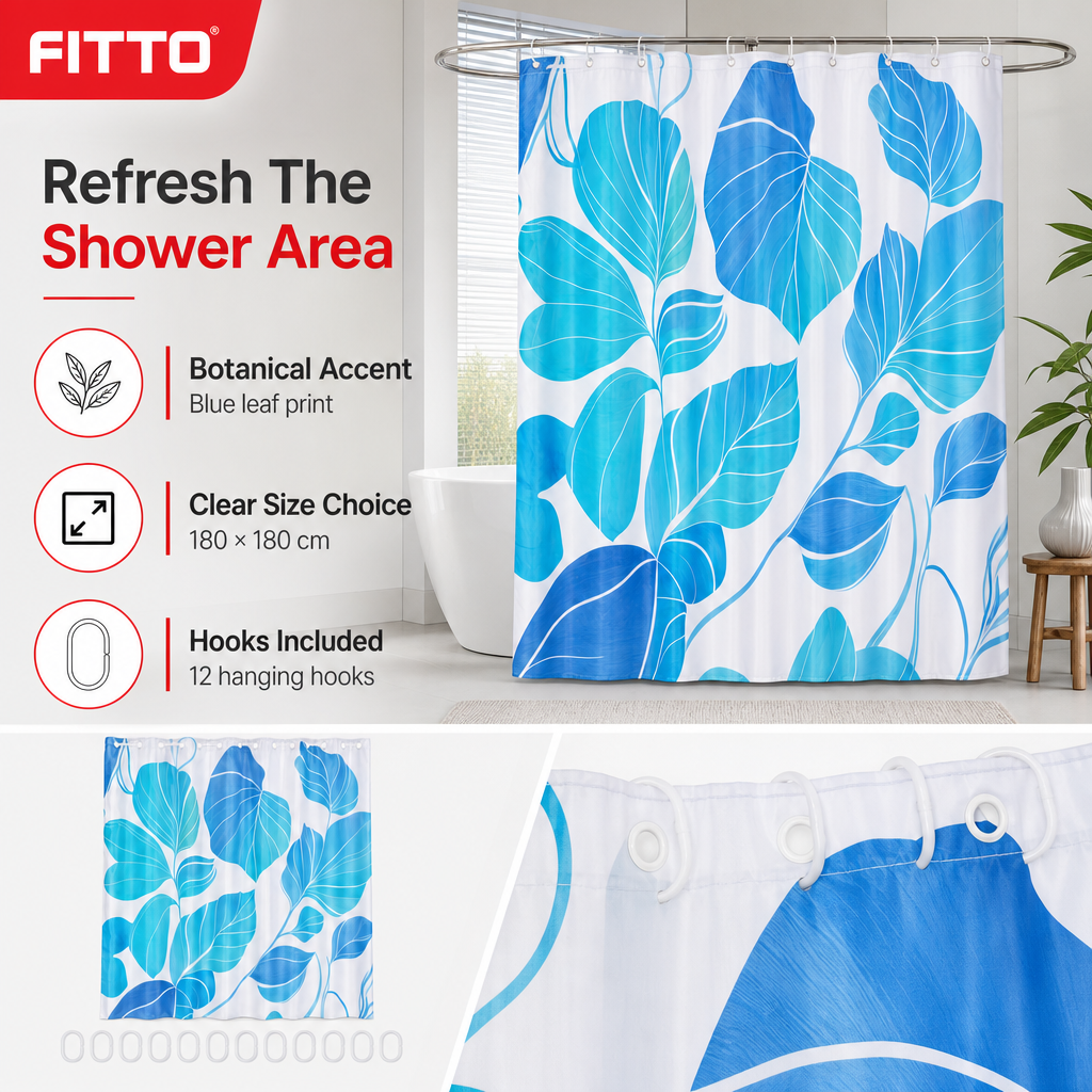 96 Pieces Blue Leaf Print PEVA Shower Curtains with 12 Hooks, 180 × 180 cm