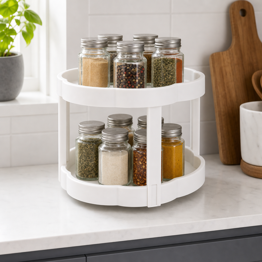 96 Pieces Spice Racks, Round Two-Tier Kitchen Organiser, White, 29 x 29 x 20 cm