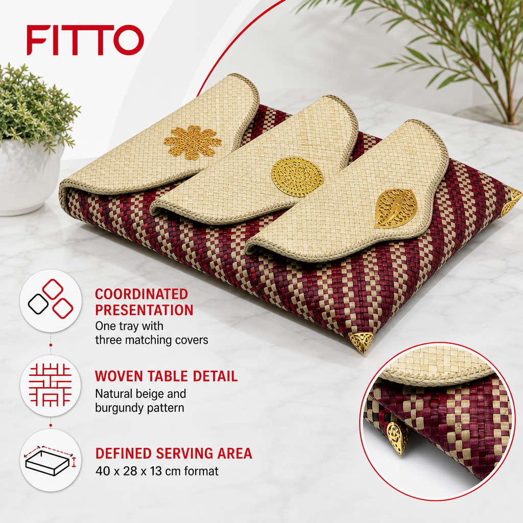 72 Pieces Woven Palm Leaf Serving Trays with 3 Food Covers, Natural Beige and Burgundy Pattern, 40 x 28 x 13 cm