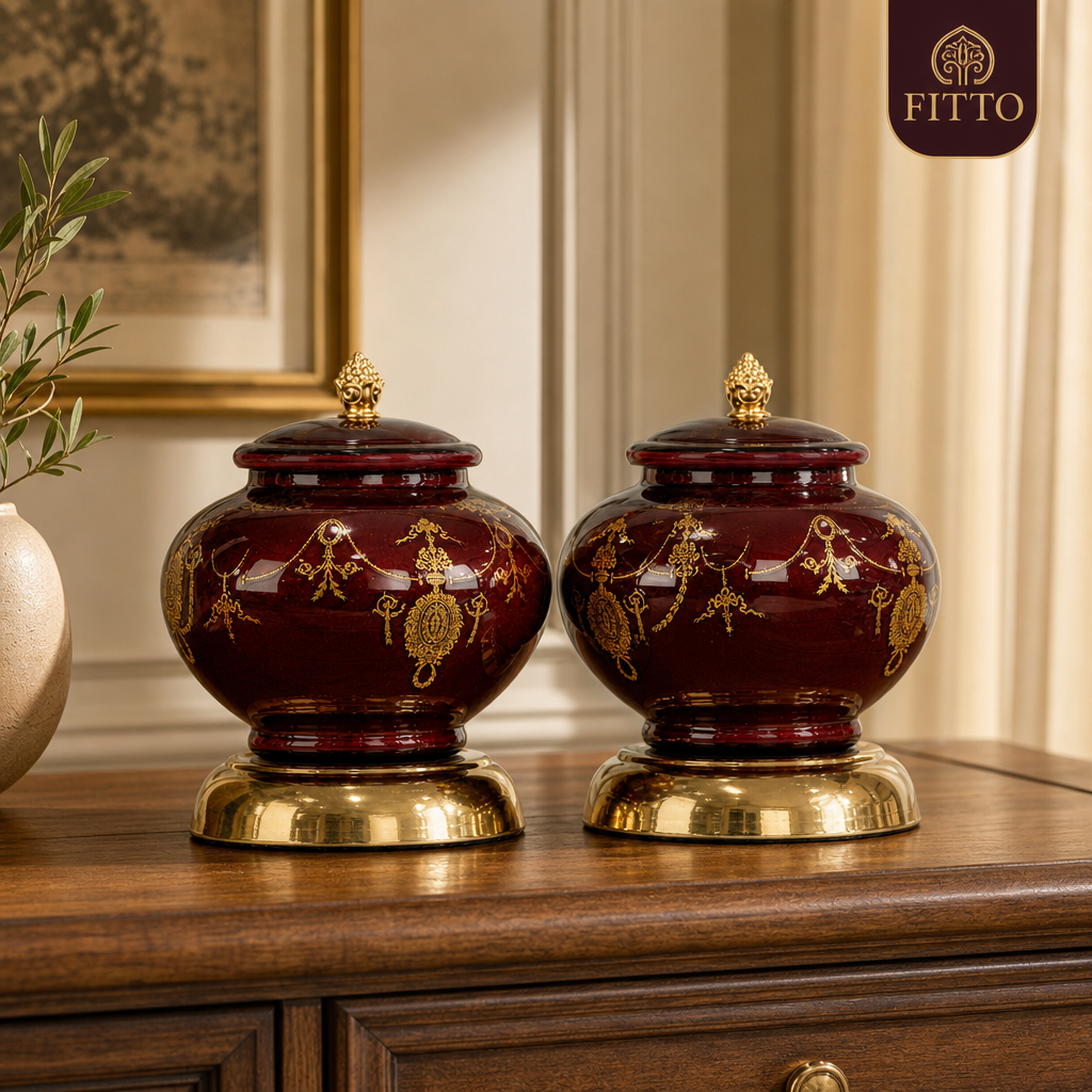 48 Pieces Decorative Ceramic Storage Jar Set, Maroon and Gold, 2 Pieces