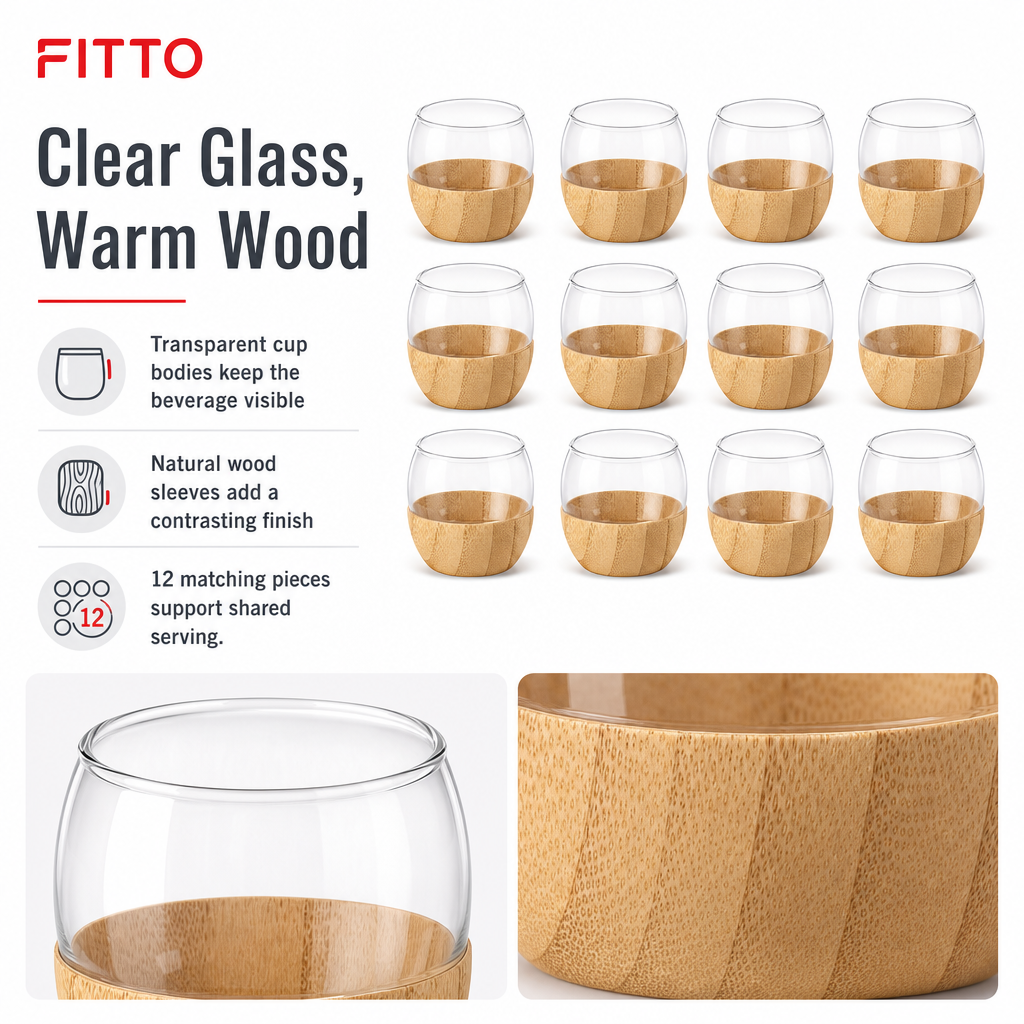 48 Pieces Glass Tea Cup Set with Wooden Sleeves, Clear and Natural Wood, 12 Pieces