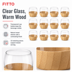 48 Pieces Glass Tea Cup Set with Wooden Sleeves, Clear and Natural Wood, 12 Pieces