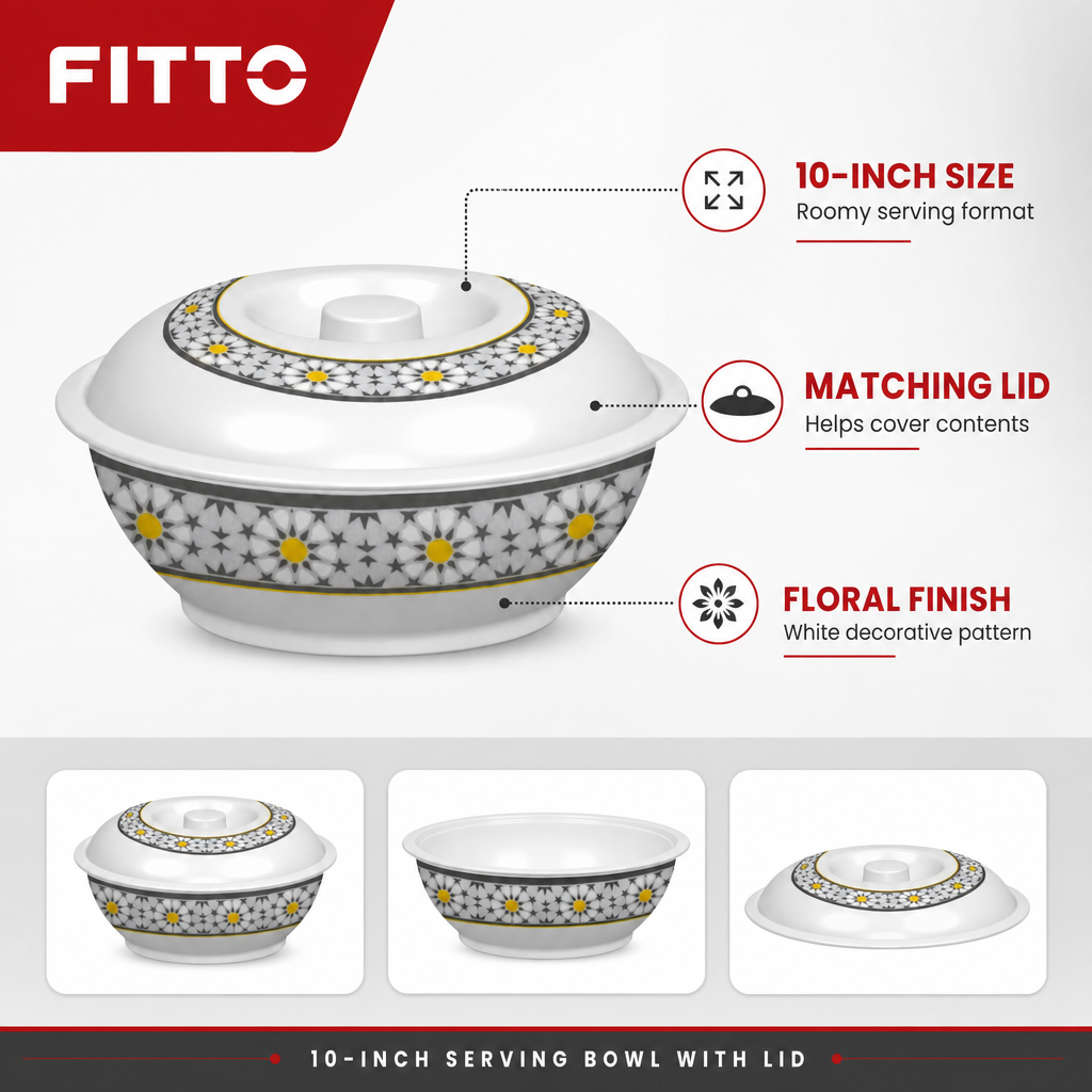 96 Pieces Melamine Lidded Serving Bowl, 10 Inch, White Floral Pattern