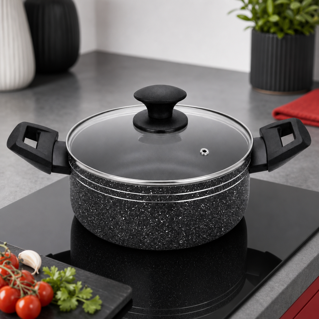 48 Pieces Pressed Aluminium Induction Casserole with Glass Lid, 28 x 12 cm, Black
