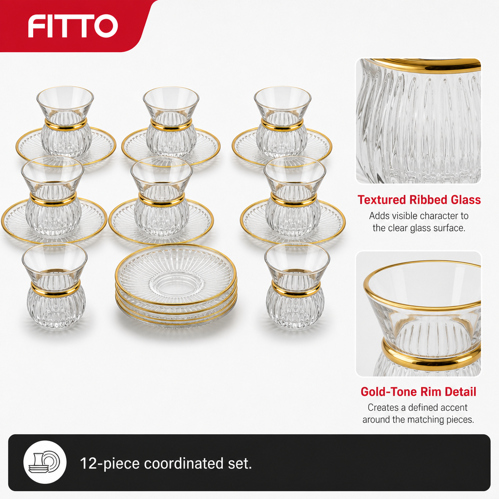 60 Pieces Ribbed Glass Tea Cup and Saucer Set with Gold Rim, 12-Piece Clear Drinkwares Collection
