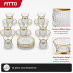 60 Pieces Ribbed Glass Tea Cup and Saucer Set with Gold Rim, 12-Piece Clear Drinkwares Collection