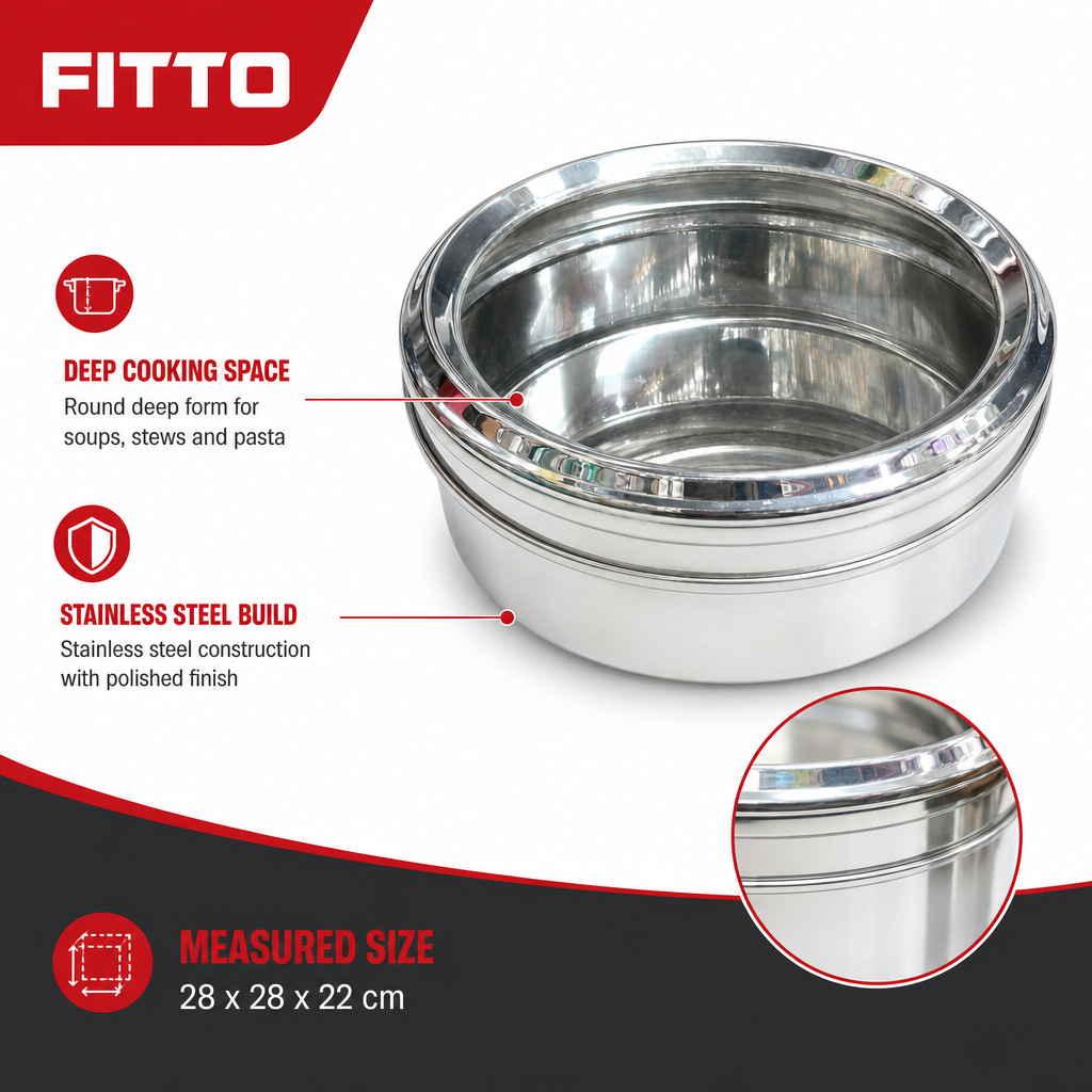 96 Pieces Stainless Steel Deep Cooking Pot with Polished Finish, 28 x 28 x 22 cm
