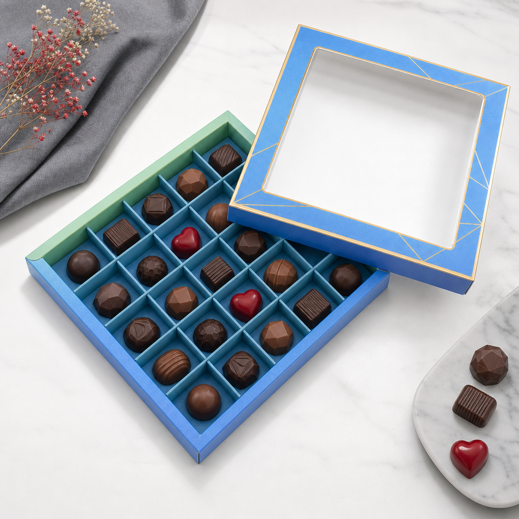 120 Pieces Chocolate Box, Blue Square 25-Compartment Candy Box, 23.5 x 23.5 x 4 cm, 1 Piece