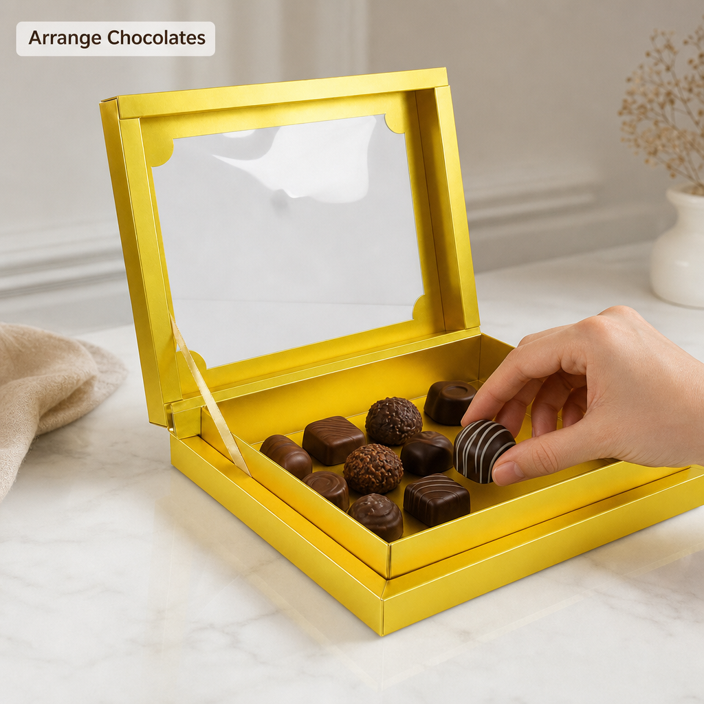 96 Pieces Chocolate Presentation Box with Ribbon, Gold Square 26 × 26 × 4.8 cm, 1 Piece