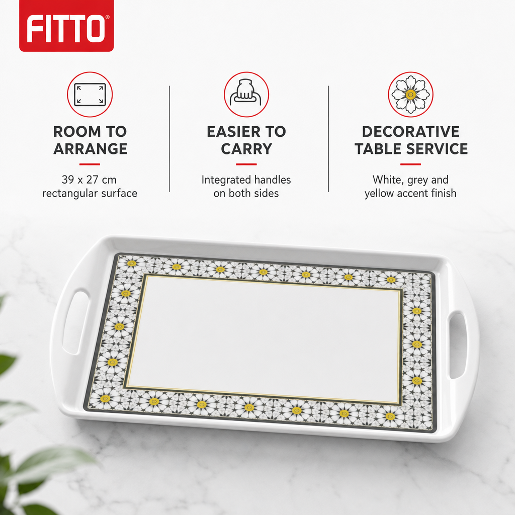 96 Pieces Melamine Rectangular Serving Trays with Dual Handles, 15 Inch, White and Grey with Yellow Accents