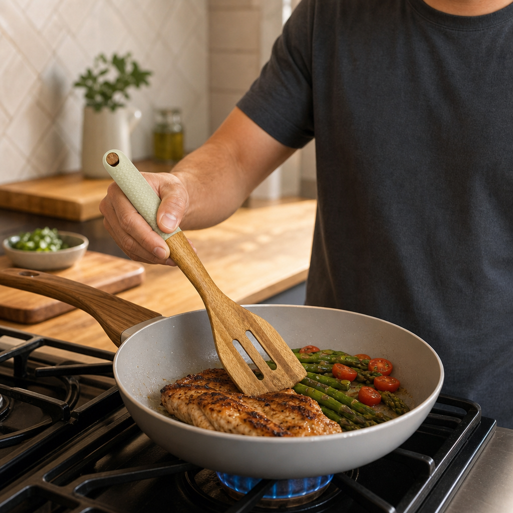 96 Pieces Wooden Slotted Turner, 32 cm Kitchen Cooking Utensils with Ergonomic Textured Handle