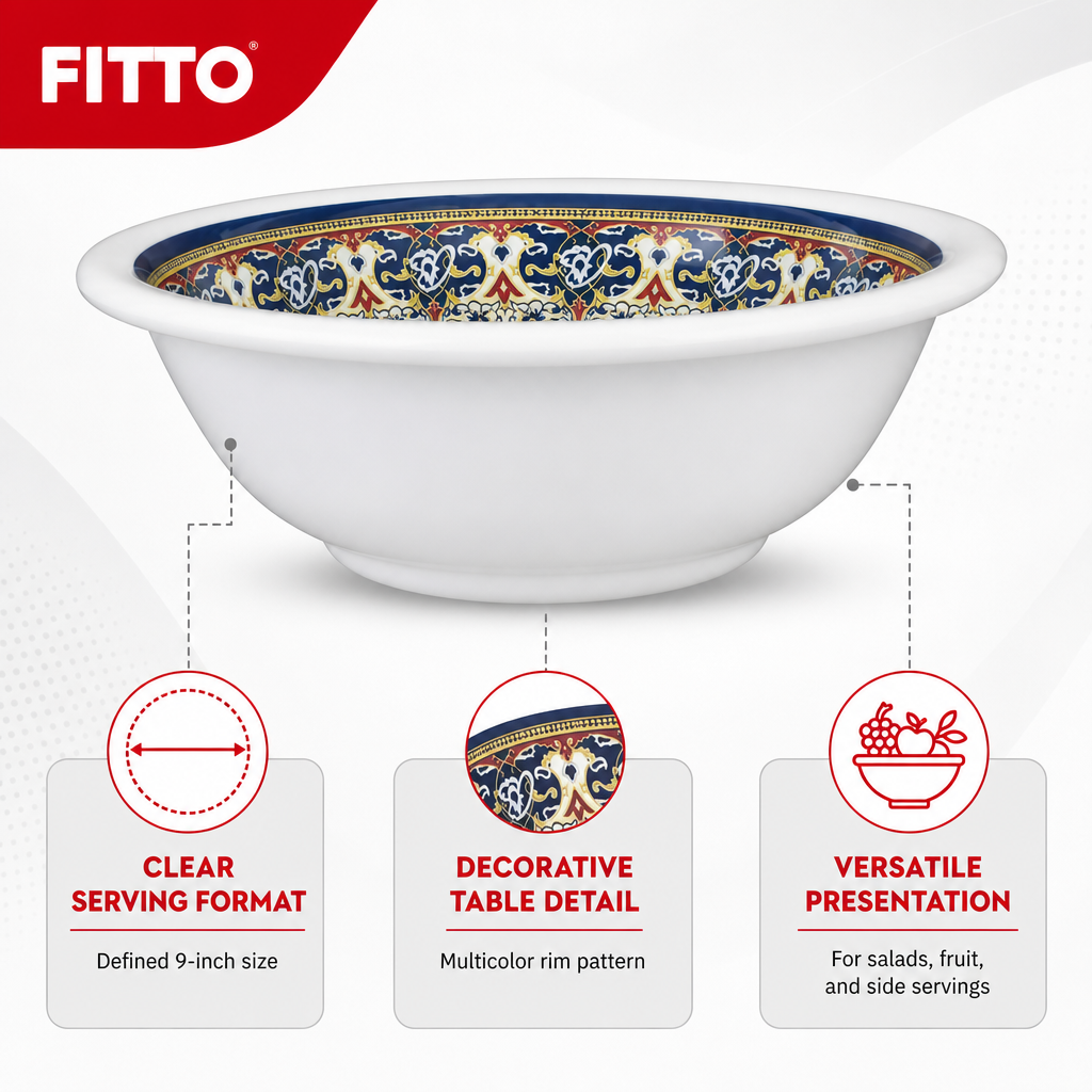 96 Pieces Melamine Salad Bowl, 9 Inch, White with Decorative Multicolor Rim, Design 2655