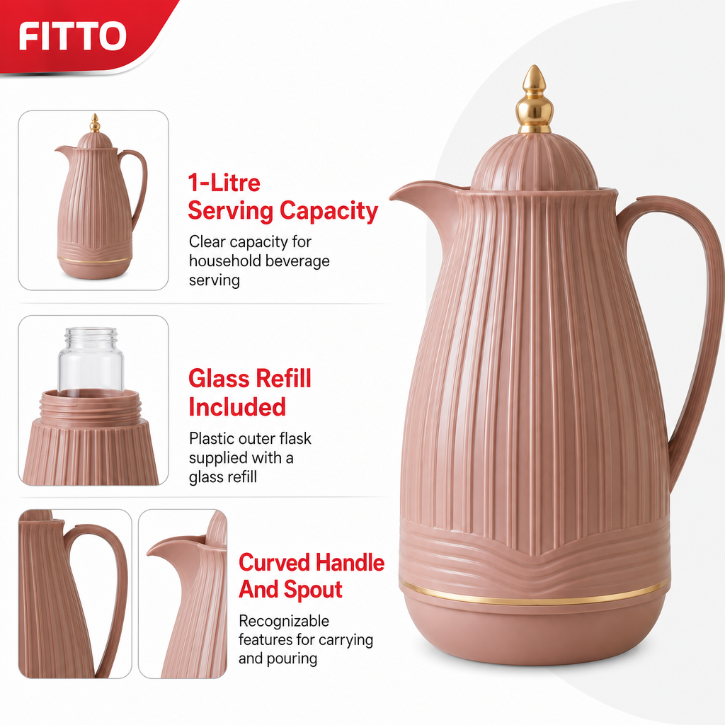60 Pieces Plastic Vacuum Flask with Glass Refill, 1 Litre, Rose Pink