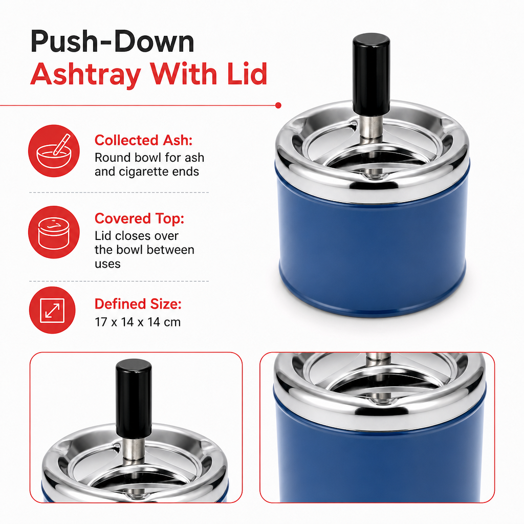 120 Pieces Blue Round Stainless Steel Push-Down Ashtrays with Lid, Tabletop Smoking Accessory, 17 x 14 x 14 cm