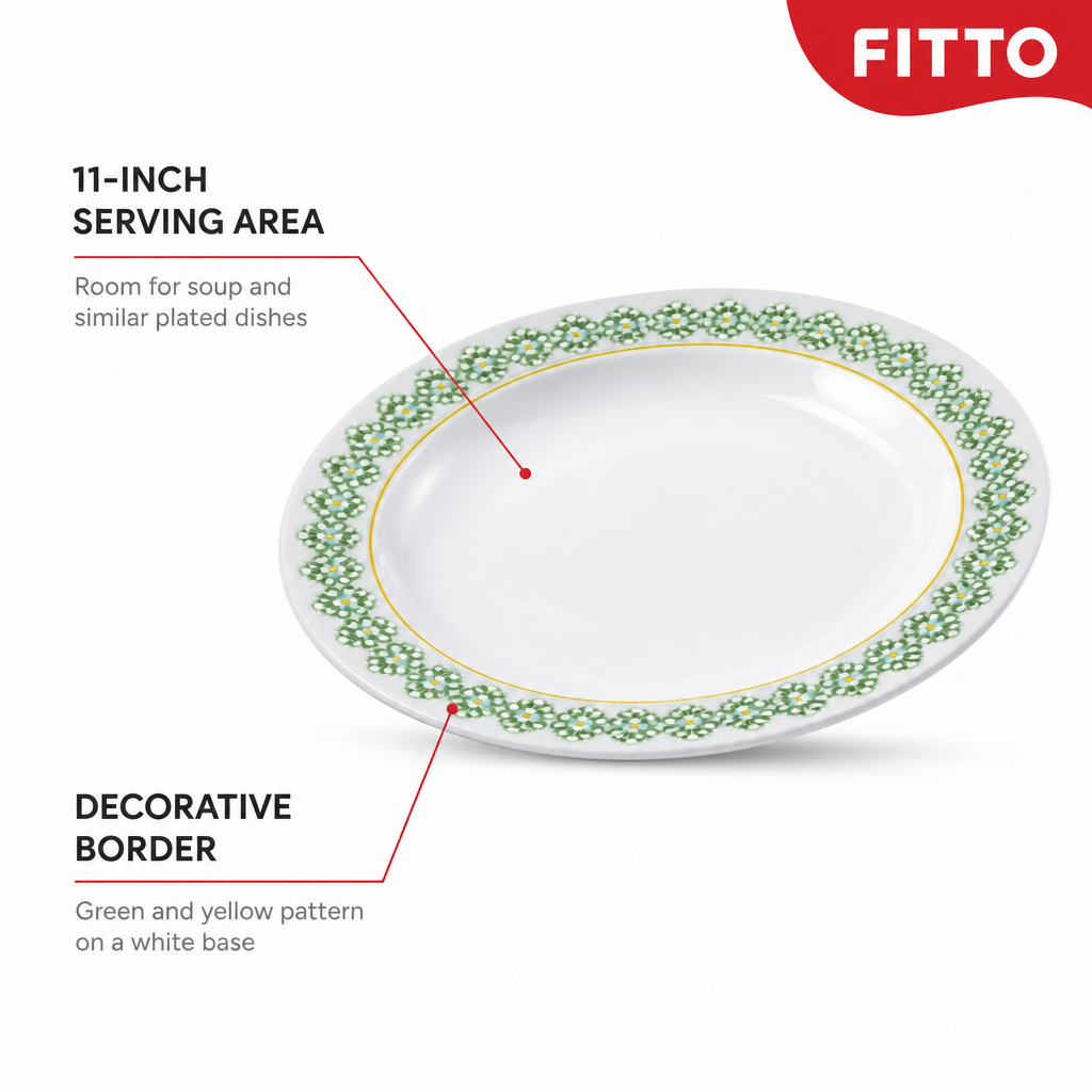 96 Pieces Soup Plate, 11 Inch, White with Green and Yellow Pattern, Round Serving Dinnerware