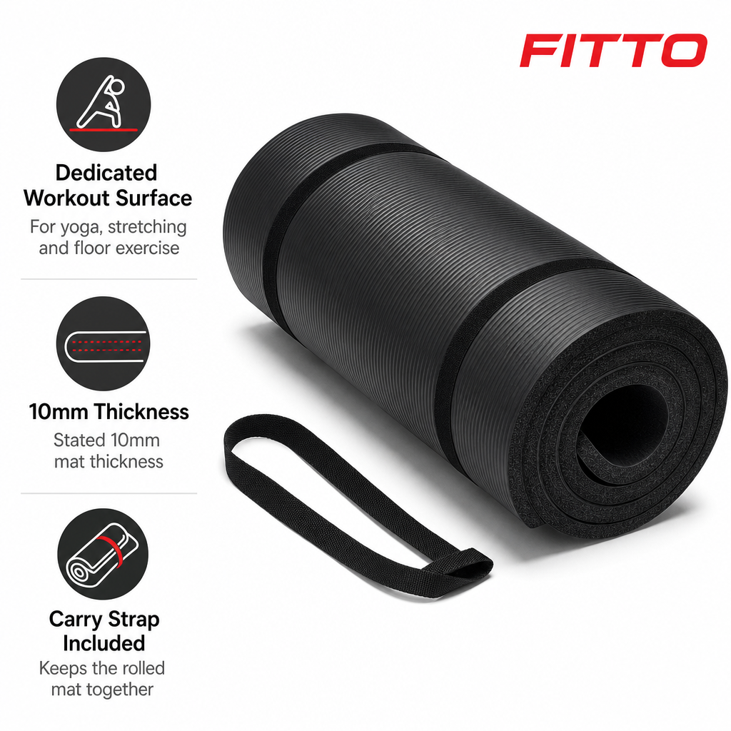 72 Pieces Yoga Mat 10mm Black, Textured Exercise Mats with Carrying Strap for Home Workouts, Stretching and Fitness