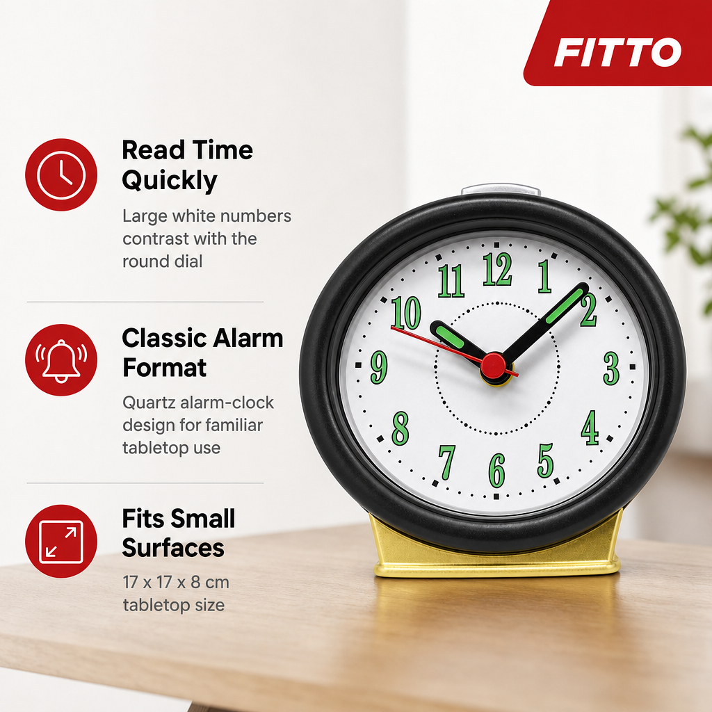 96 Pieces Round Quartz Alarm Clocks, Black Tabletop Design with Large White Numbers, 17 x 17 x 8 cm