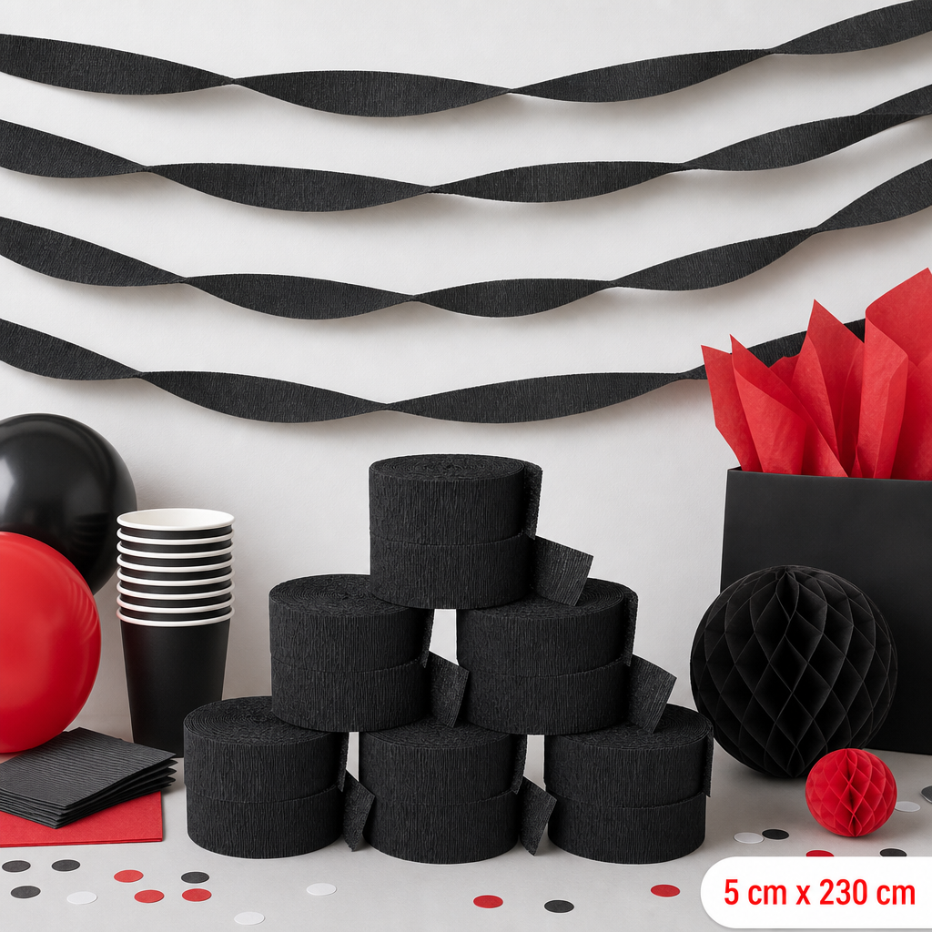 144 Pieces Black Paper Party Decorations Streamers, 5 cm x 230 cm, 6 Pieces