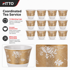 96 Pieces Ceramic Tea Cup Set, White and Gold Floral Design, 12 Pieces