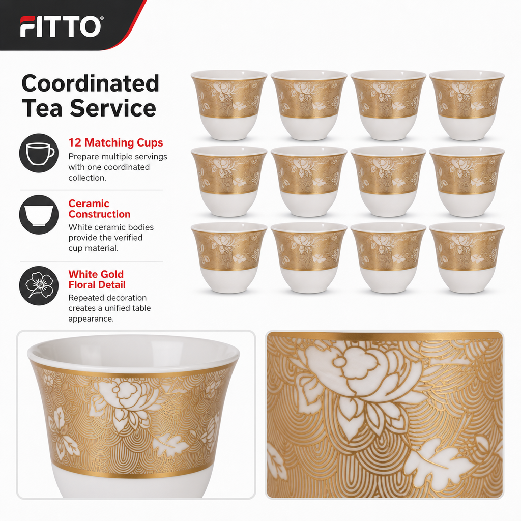 96 Pieces Ceramic Tea Cup Set, White and Gold Floral Design, 12 Pieces