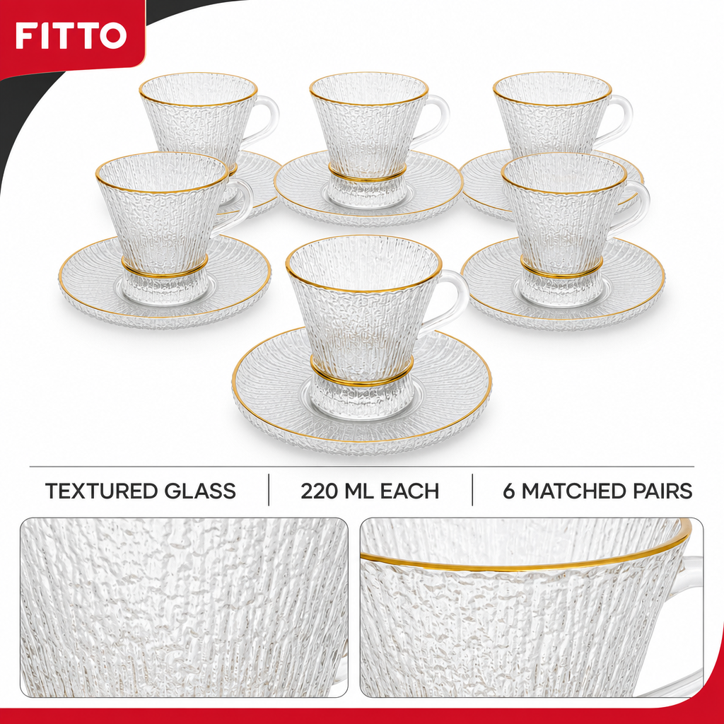 60 Pieces Textured Clear Glass Tea Cup and Saucer Set with Gold Rims, 220 ml, 12 Pieces