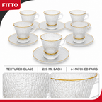 60 Pieces Textured Clear Glass Tea Cup and Saucer Set with Gold Rims, 220 ml, 12 Pieces