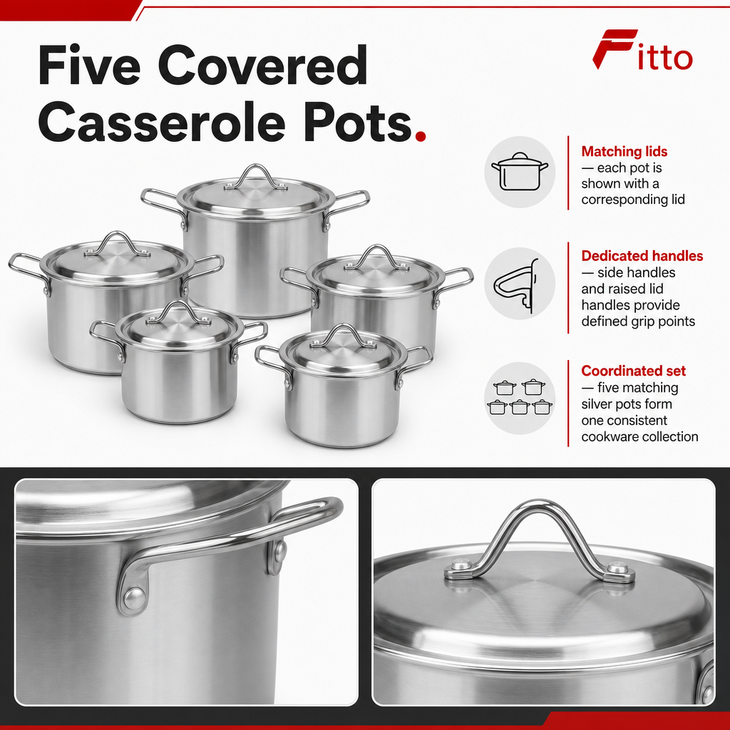 48 Pieces Stainless Steel Casserole Pot Set with Lids, Medium Size, Set of 5, Silver