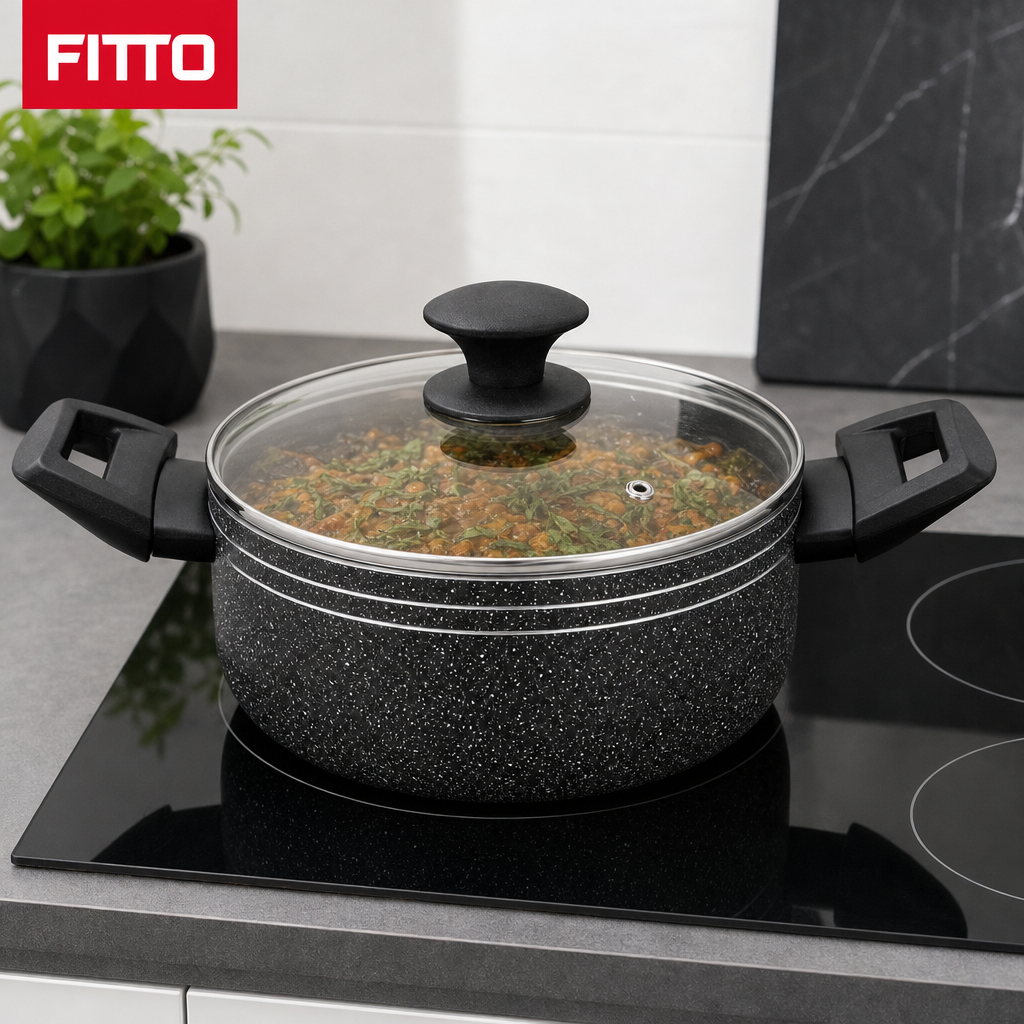 48 Pieces Pressed Aluminium Induction Casserole with Glass Lid, 32 x 15 cm, Black