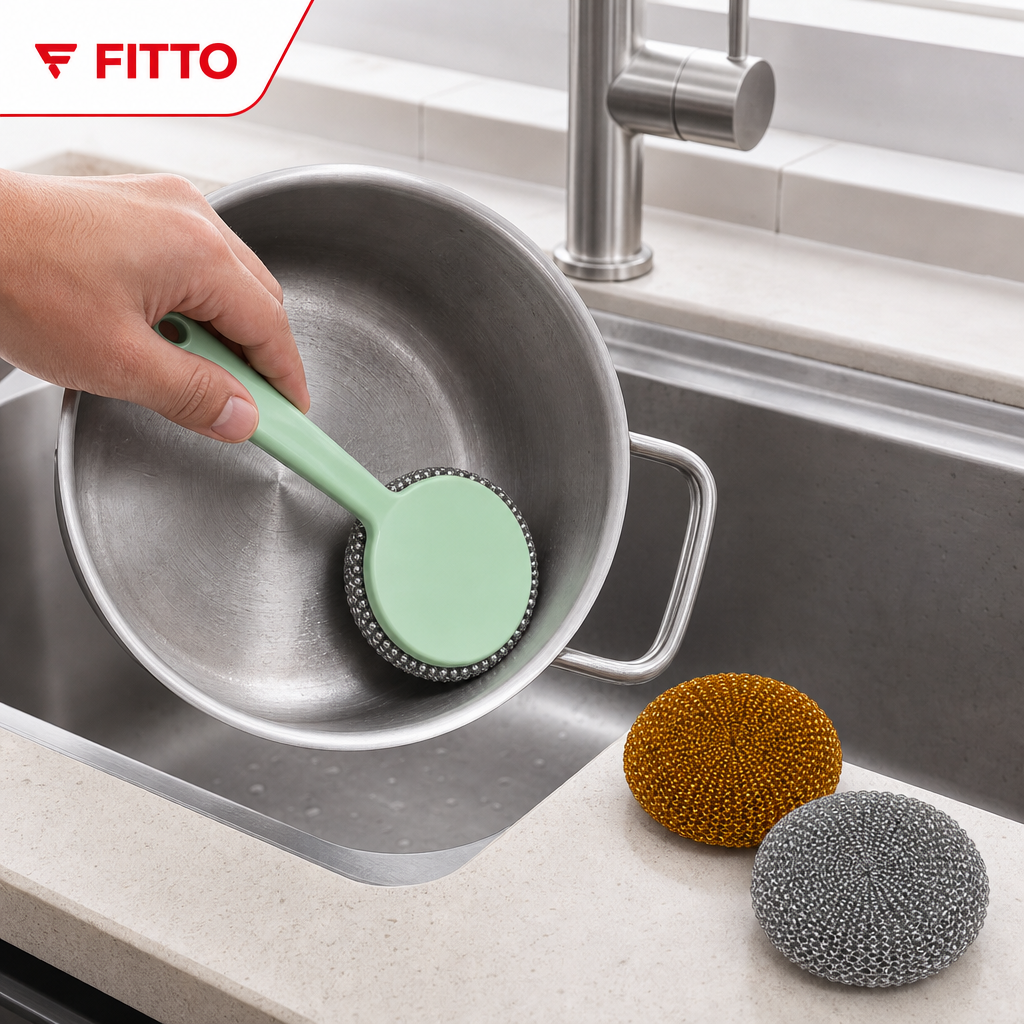 120 Pieces Kitchen Pot Scrubber Set with Handle, Green Gold and Silver Scouring Pads, 3-Piece Set