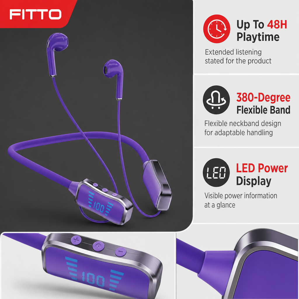96 Pieces Wireless Neckband Earphones with 48H Playtime, 380-Degree Flexible Band and LED Display