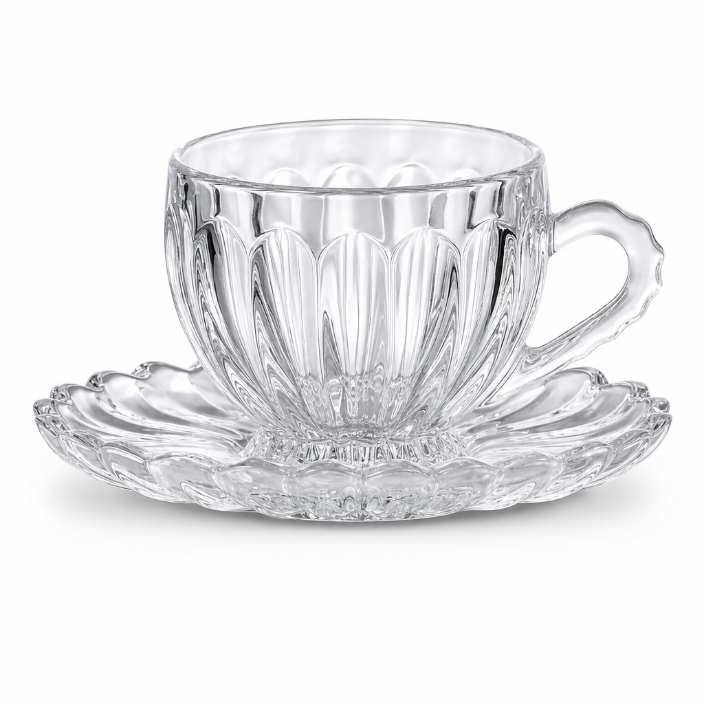 60 Pieces Clear Glass Tea Cup and Saucer Set, 2 Pieces, Faceted Table Setting