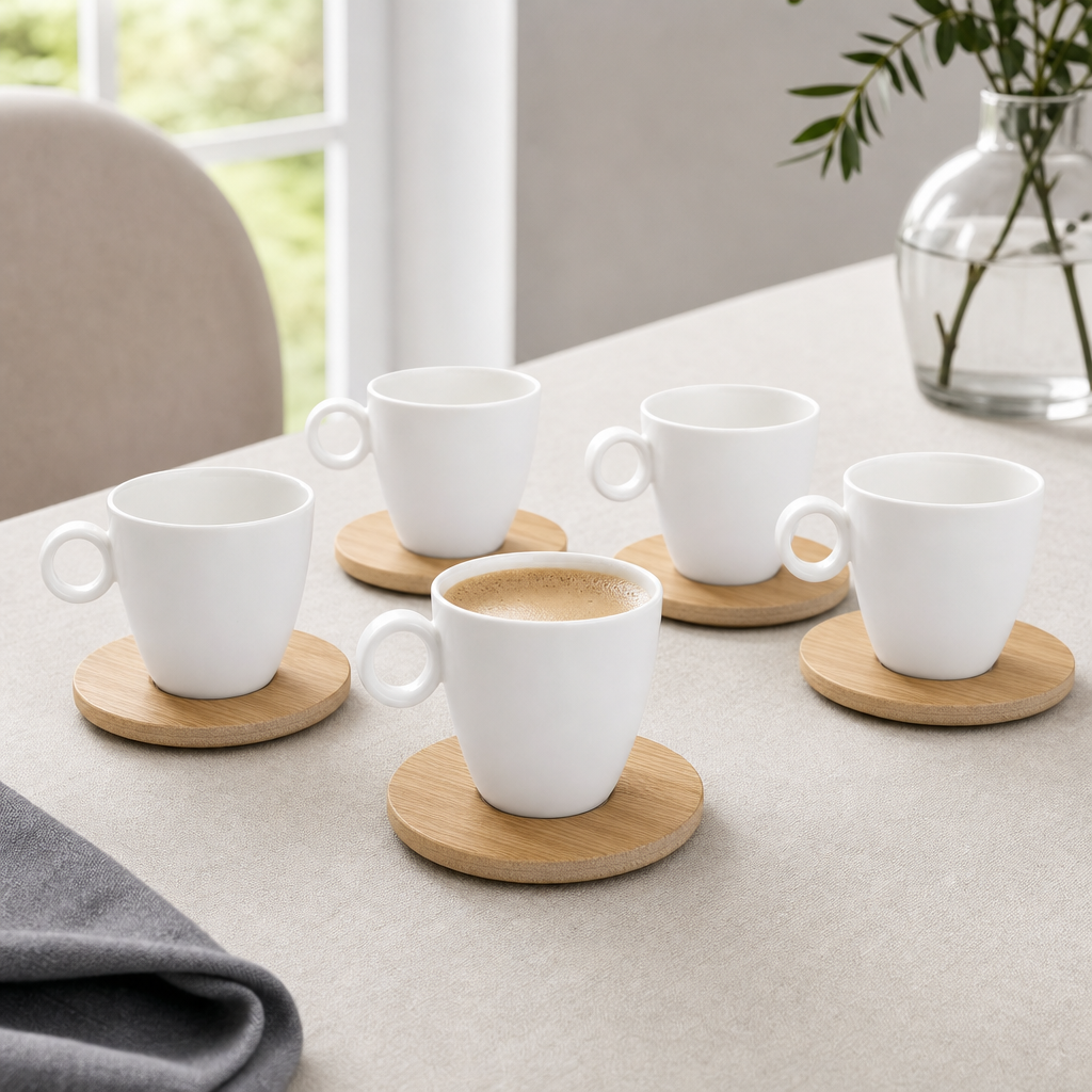 60 Pieces Ceramic Tea and Coffee Cups with Round Ring Handles and Wooden Saucers, White and Natural Wood, 6 Pieces