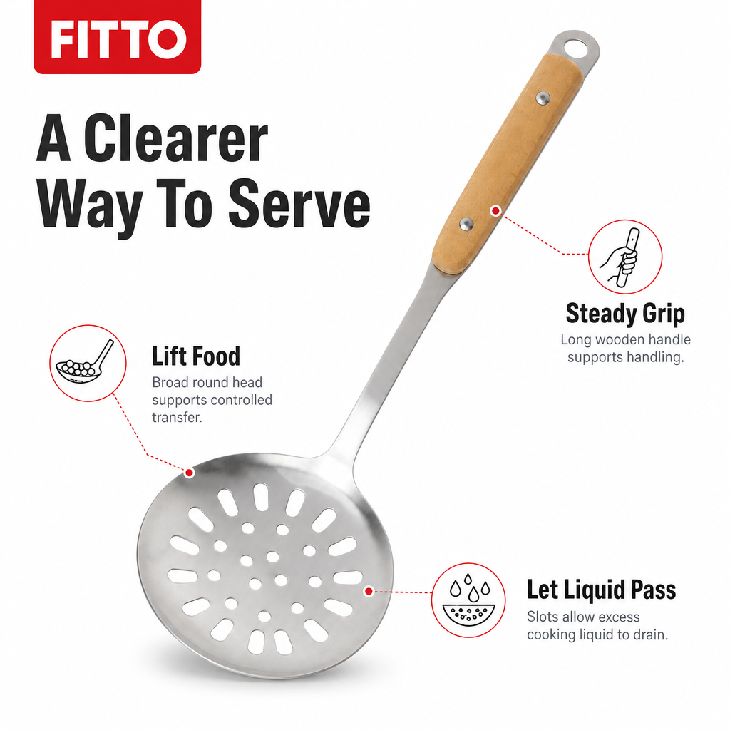 120 Pieces Stainless Steel Slotted Skimmer with Wooden Handle, 35 cm