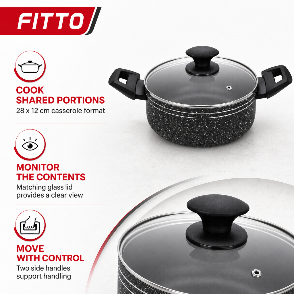 48 Pieces Pressed Aluminium Induction Casserole with Glass Lid, 28 x 12 cm, Black