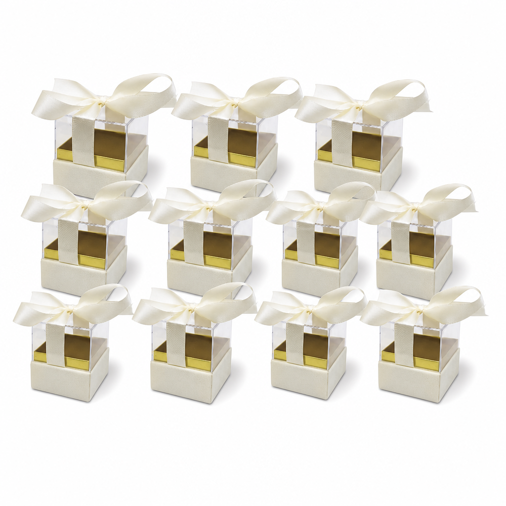 60 Pieces Acrylic Favor Boxes, Cream Square Boxes with Ribbon, 6.5 × 6.5 × 7.2 cm, 12 Pieces