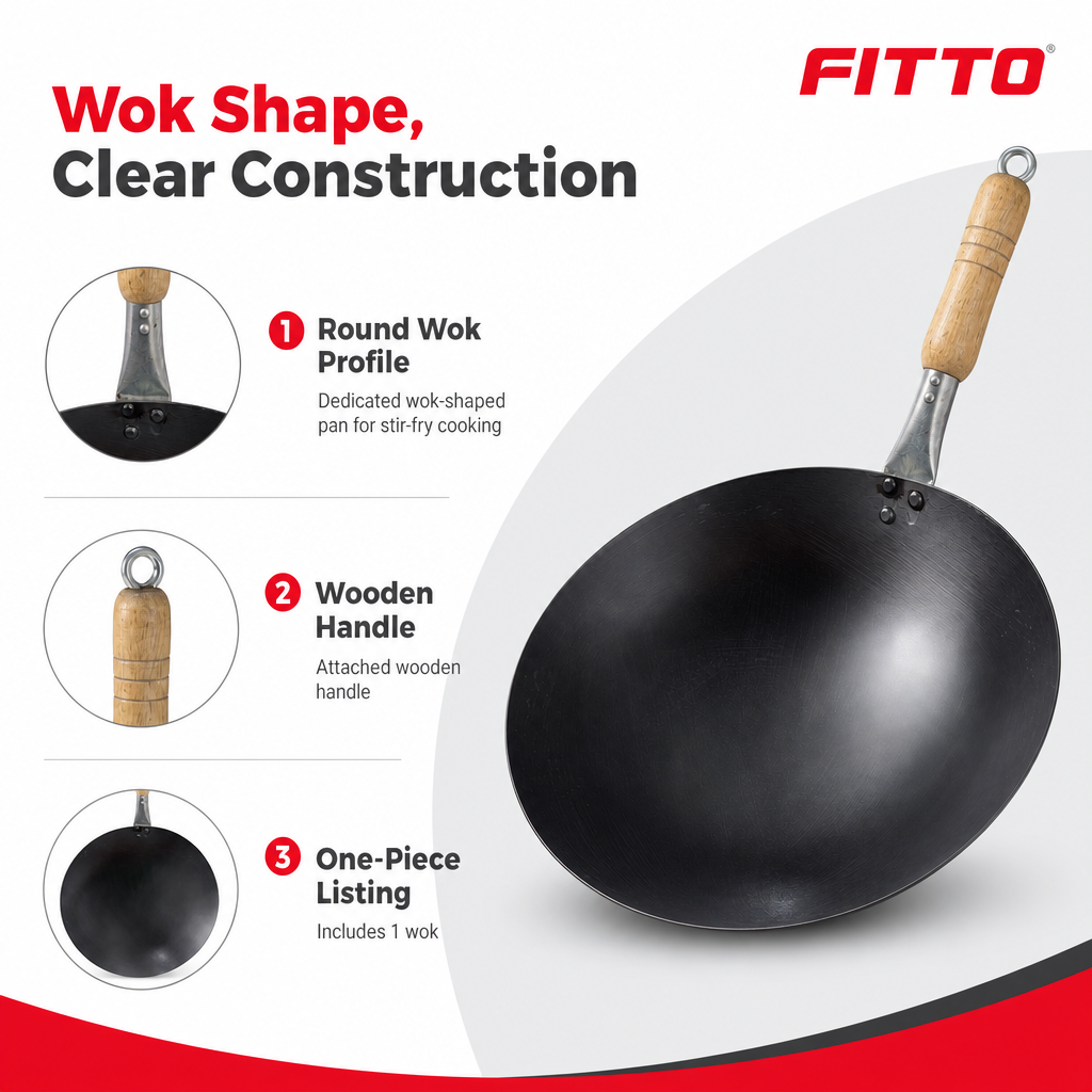 72 Pieces Carbon Steel Wok with Wooden Handle, Black, 1 Piece