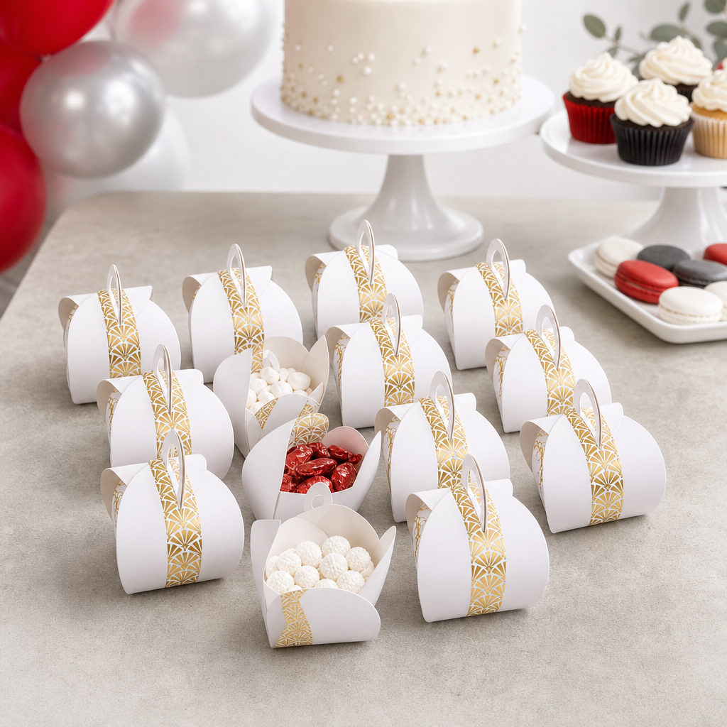 96 Pieces Candy Favor Boxes with Handle, White with Gold Pattern, 9.5 x 9.5 x 10 cm, 12 Pieces