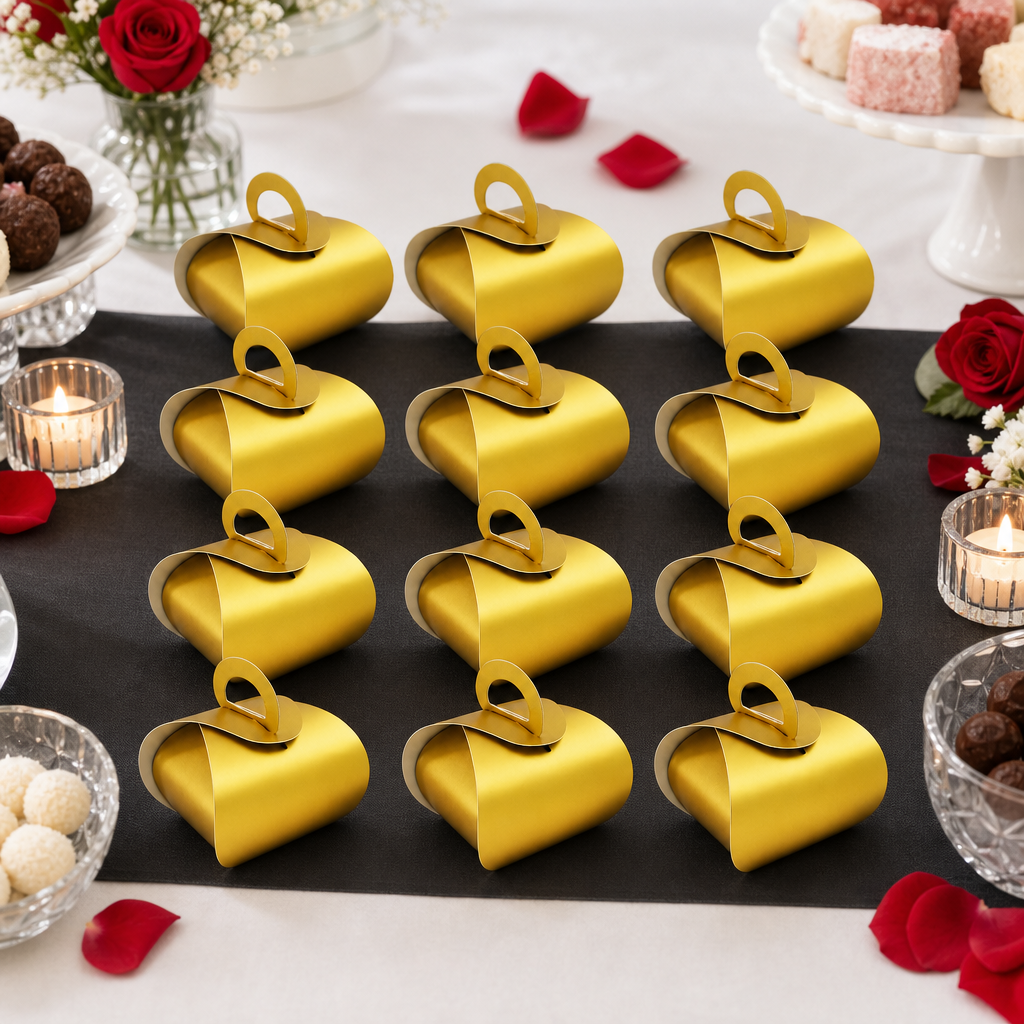96 Pieces Candy Favor Boxes with Handles, Gold, 7 x 7 x 8 cm, 12 Pieces