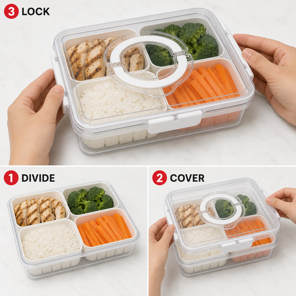 96 Pieces Food Storage Containers, Clear 4-Compartment Box with Locking Lid, 29 × 22 × 7 cm